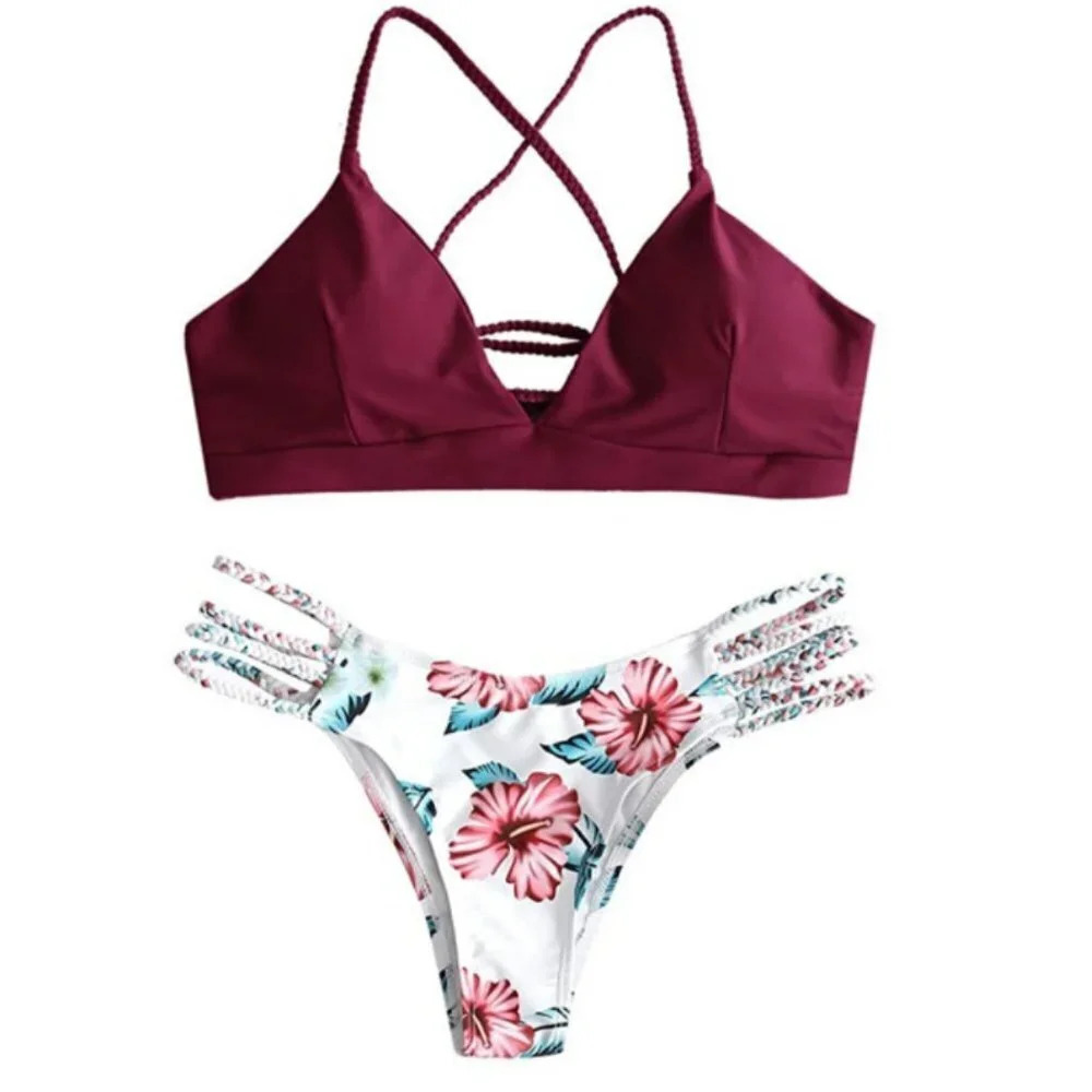 Zaful Burgundy Top & Floral Print Bottom Bikini - Picture 2 of 5